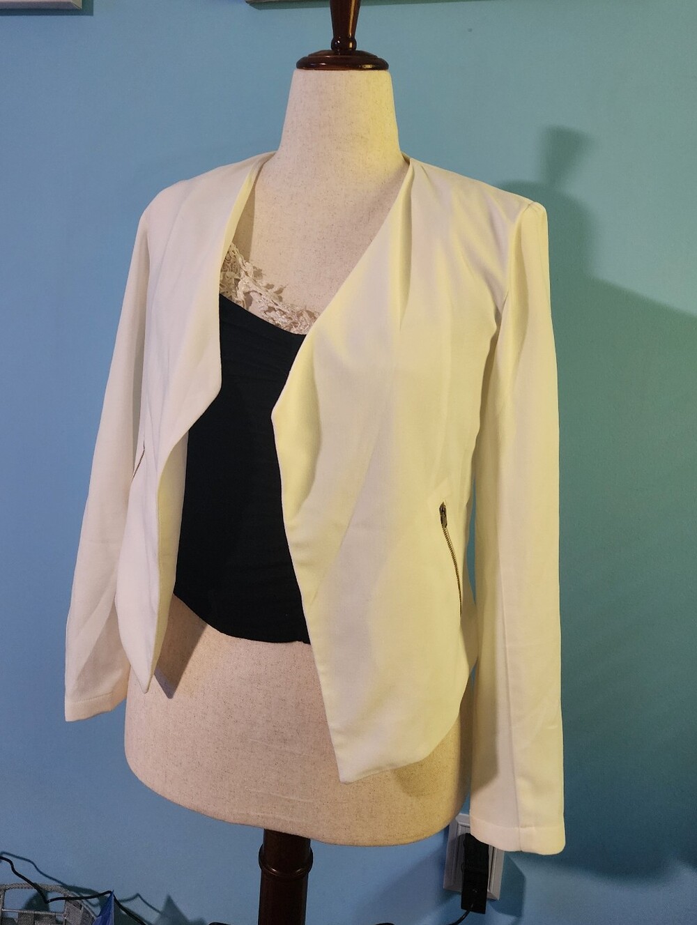 Divided Cream Open-Front Blazer with Zip Pocket